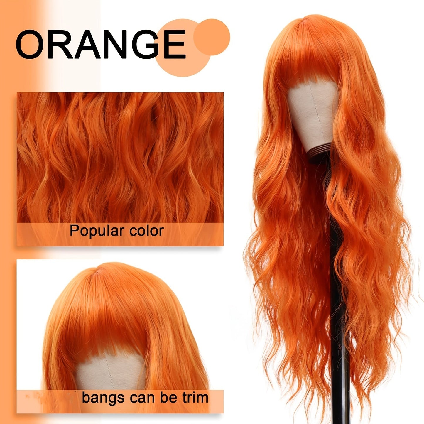 Elegant Long Orange Non-toxic Wig, Synthetic Wavy Hair Wig For Ladies, 28-inch Long Hair, Suitable For The Whole Scene Simifo
