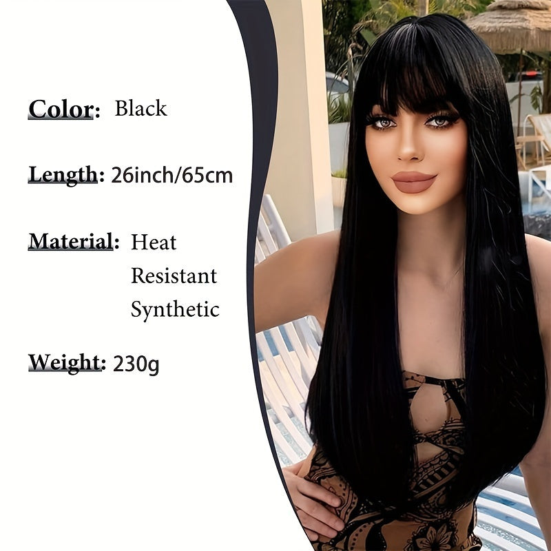 Stylish Synthetic Wig With Straight Hair, Non-toxic Wig, 26-inch Heat-resistant Long Black Hair, Bangs And Rose Net Hat, Suitable For The Whole Scene. Simifo