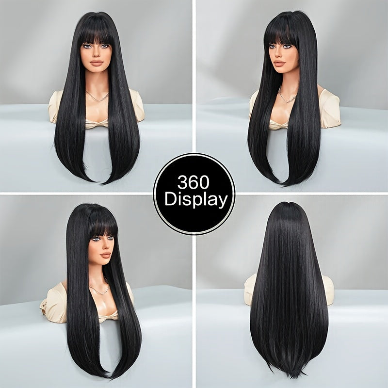 Stylish Synthetic Wig With Straight Hair, Non-toxic Wig, 26-inch Heat-resistant Long Black Hair, Bangs And Rose Net Hat, Suitable For The Whole Scene. Simifo