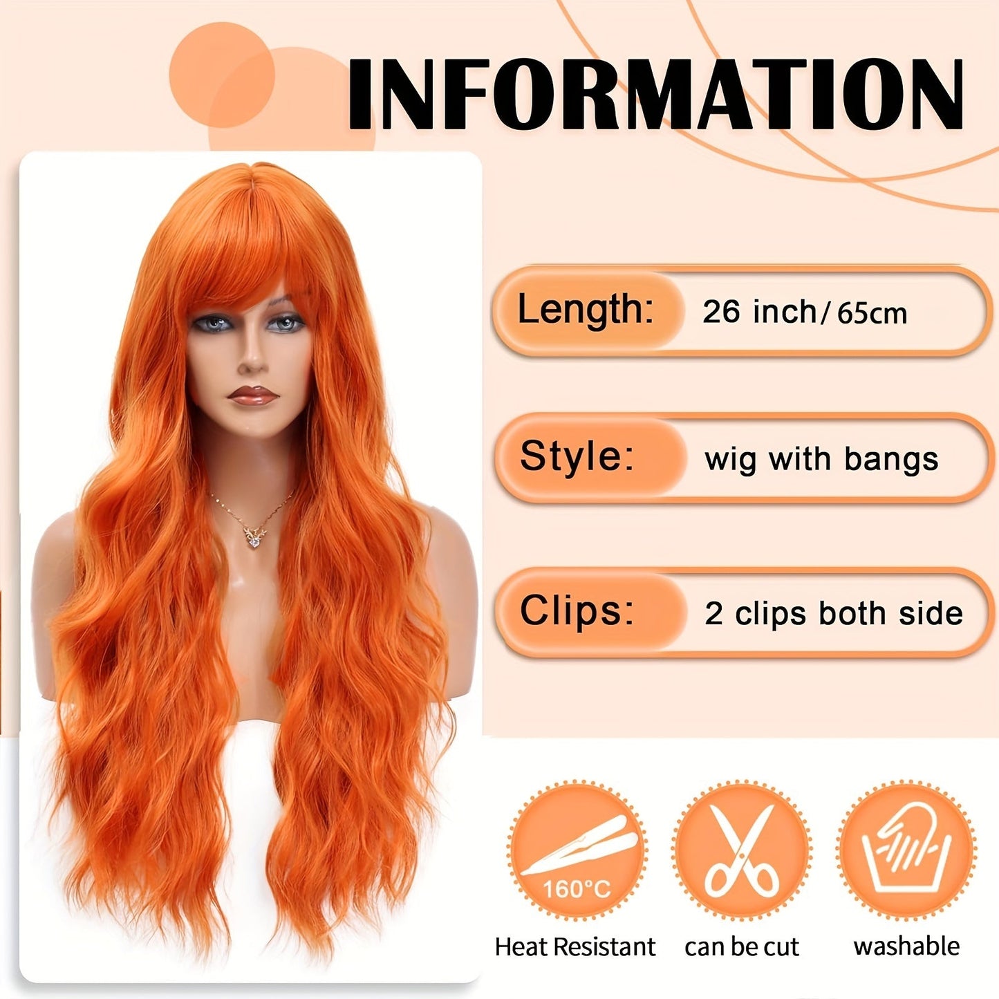 Elegant Long Orange Non-toxic Wig, Synthetic Wavy Hair Wig For Ladies, 28-inch Long Hair, Suitable For The Whole Scene Simifo