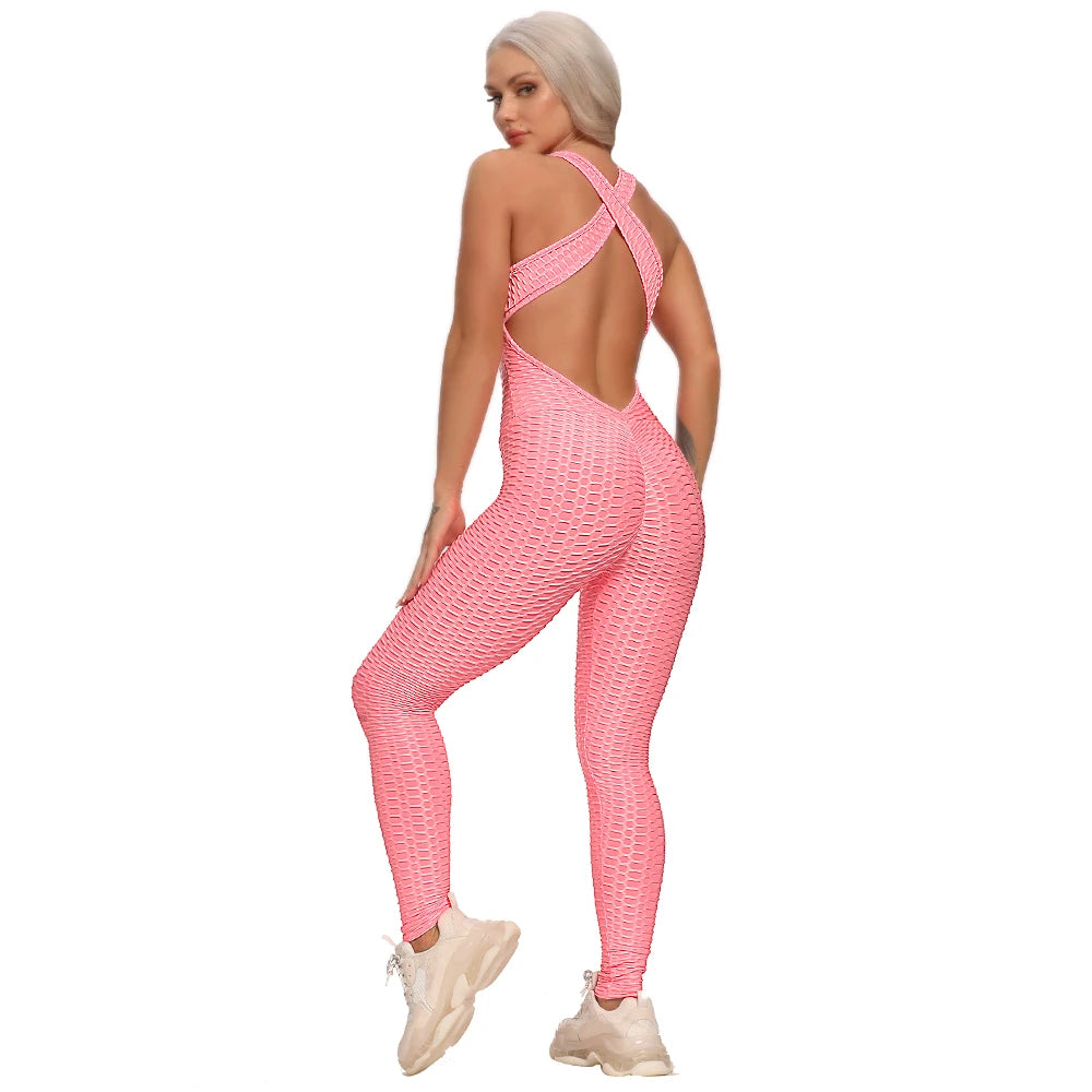 Women's Sleeveless Backless Sports Jumpsuit - Quick Dry Gym Bodysuit with Scrunch Leggings
