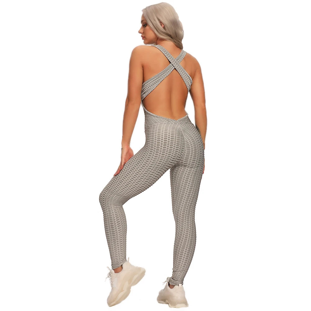 Women's Sleeveless Backless Sports Jumpsuit - Quick Dry Gym Bodysuit with Scrunch Leggings