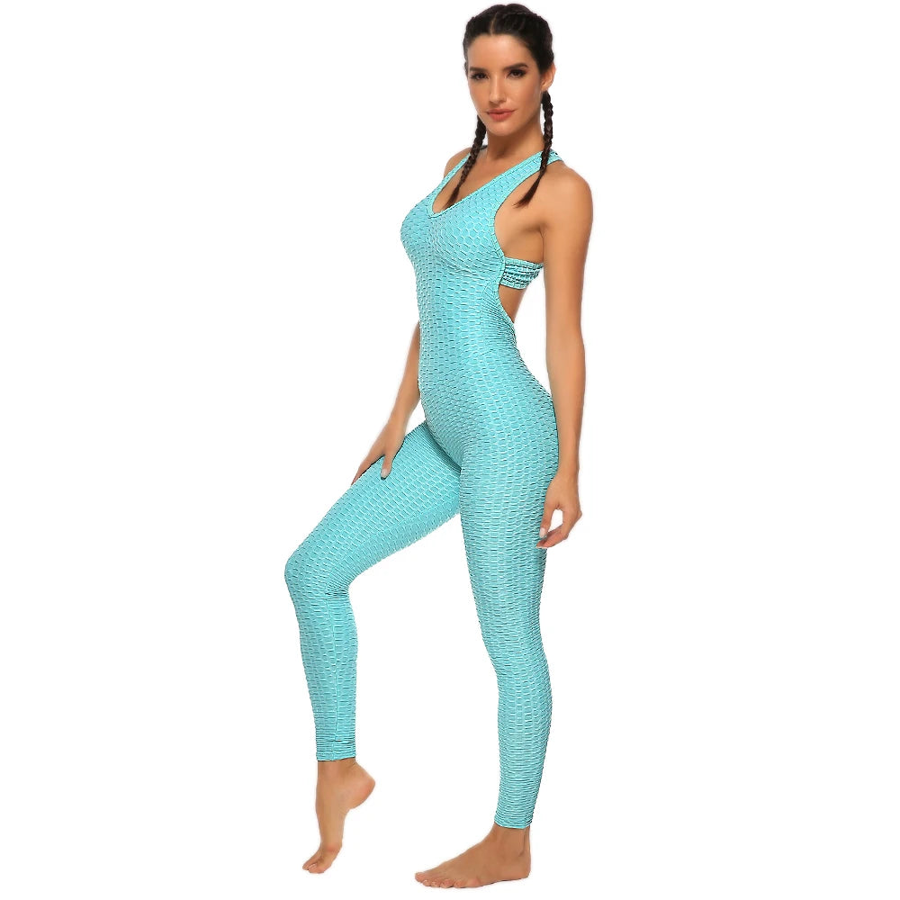Women's Sleeveless Backless Sports Jumpsuit - Quick Dry Gym Bodysuit with Scrunch Leggings