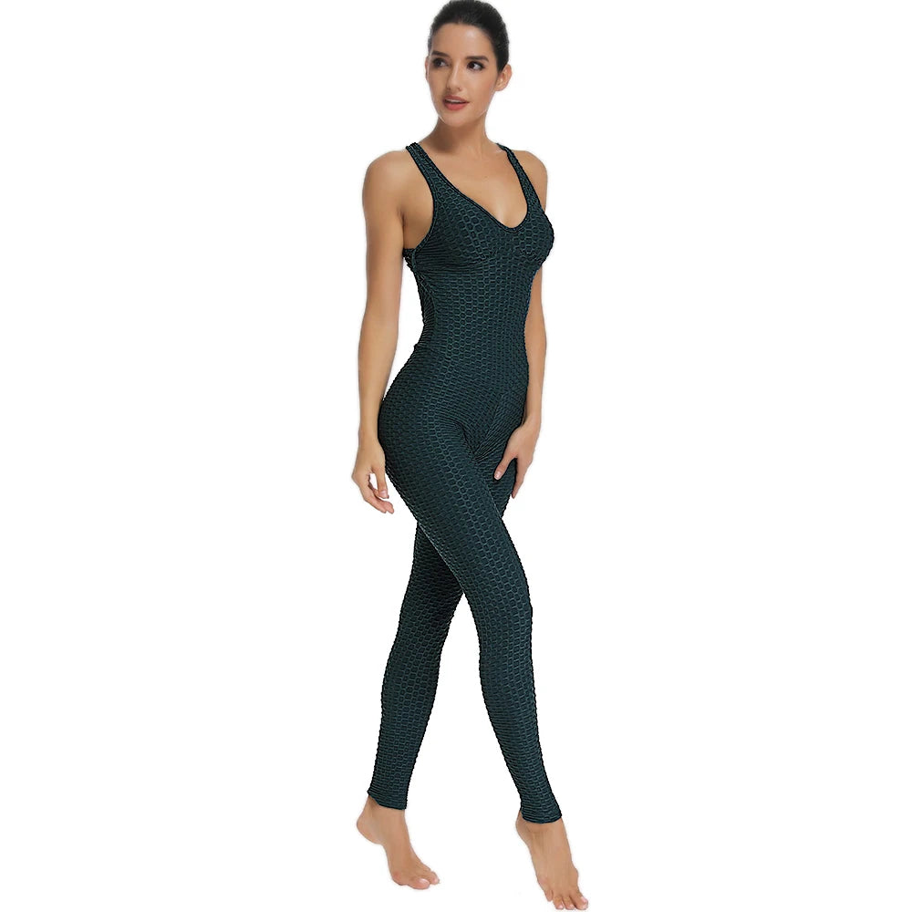 Women's Sleeveless Backless Sports Jumpsuit - Quick Dry Gym Bodysuit with Scrunch Leggings