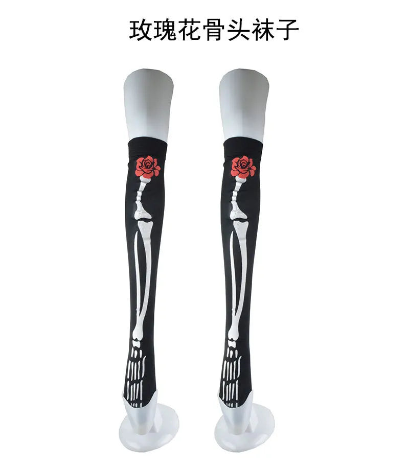 Halloween Skull Head Thigh High Socks - Gothic Bow Stockings for Women
