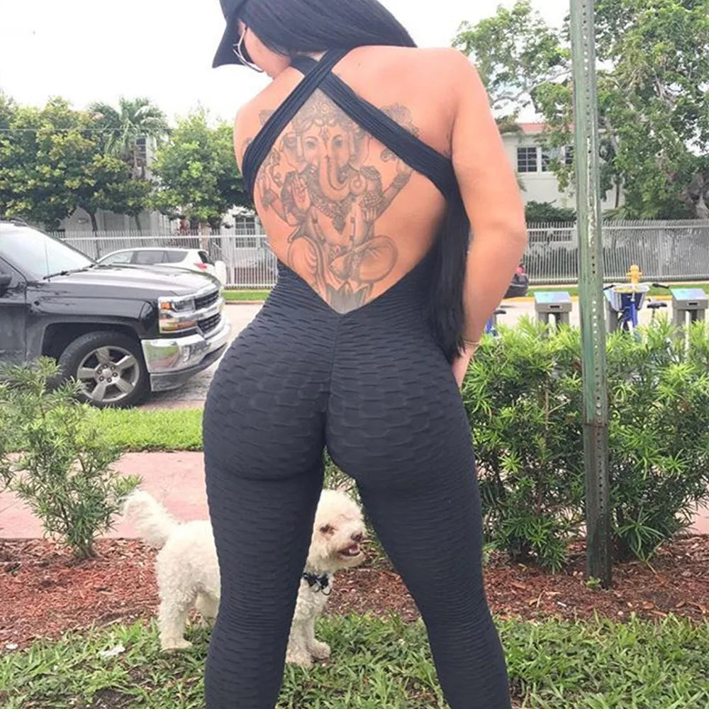 Women's Sleeveless Backless Sports Jumpsuit - Quick Dry Gym Bodysuit with Scrunch Leggings