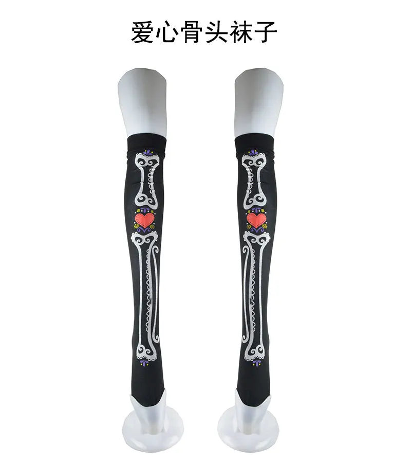 Halloween Skull Head Thigh High Socks - Gothic Bow Stockings for Women