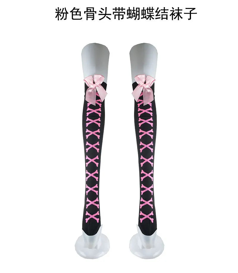 Halloween Skull Head Thigh High Socks - Gothic Bow Stockings for Women