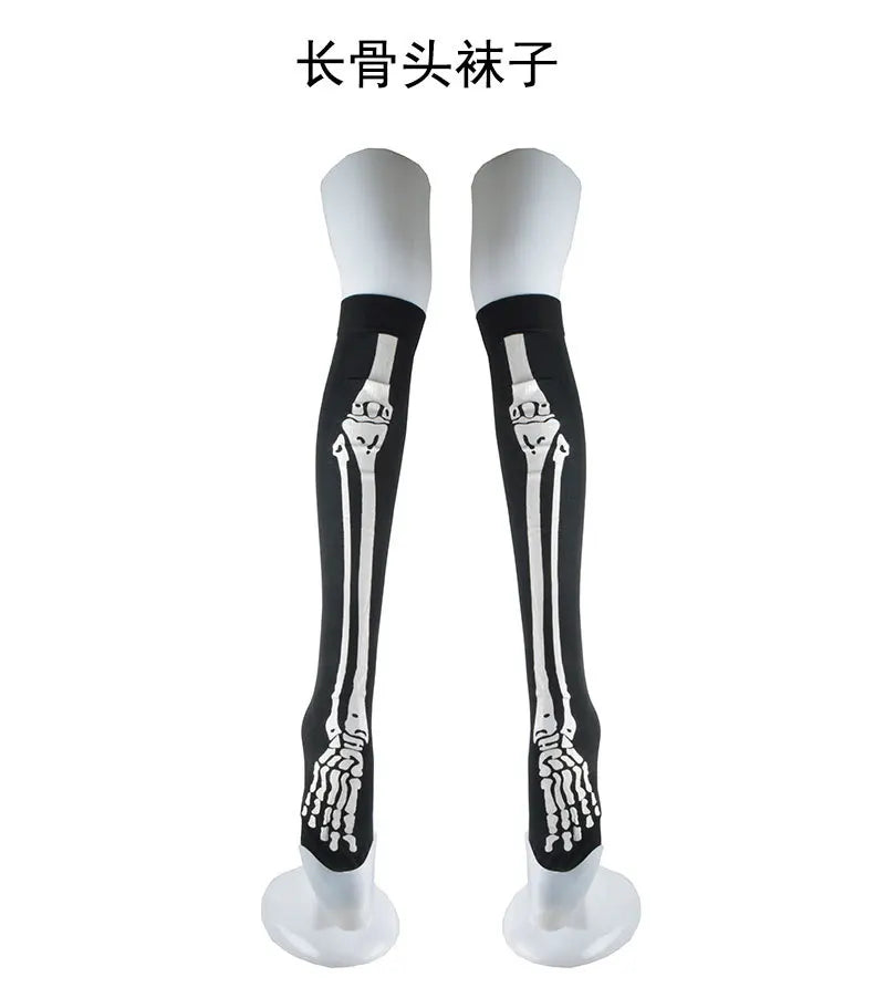 Halloween Skull Head Thigh High Socks - Gothic Bow Stockings for Women