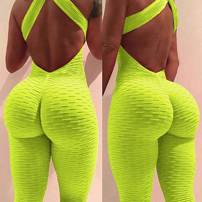 Women's Sleeveless Backless Sports Jumpsuit - Quick Dry Gym Bodysuit with Scrunch Leggings
