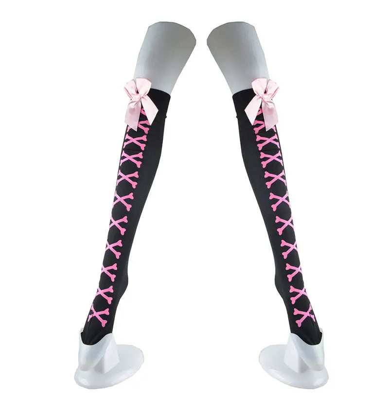 Halloween Skull Head Thigh High Socks - Gothic Bow Stockings for Women