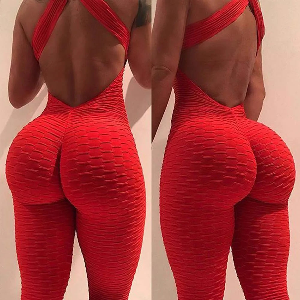 Women's Sleeveless Backless Sports Jumpsuit - Quick Dry Gym Bodysuit with Scrunch Leggings