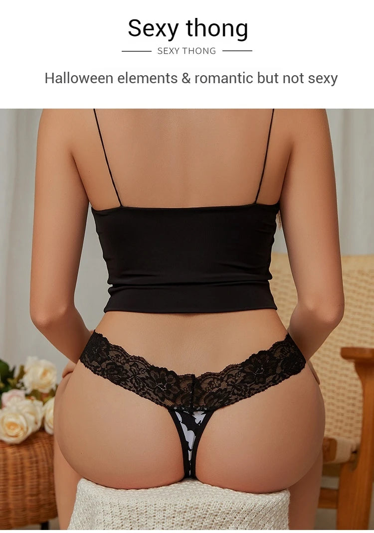 Halloween Lace Thong - Bat & Pumpkin Pattern Hip-Lifting Panties for Women