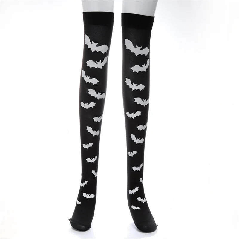 Halloween Skull Head Thigh High Socks - Gothic Bow Stockings for Women