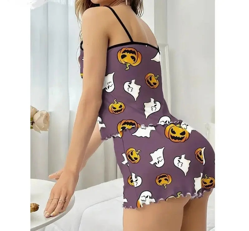 Women's Halloween Pumpkin Print Pajama Set - Ribbed Cami Crop Top & Shorts Y2K Loungewear