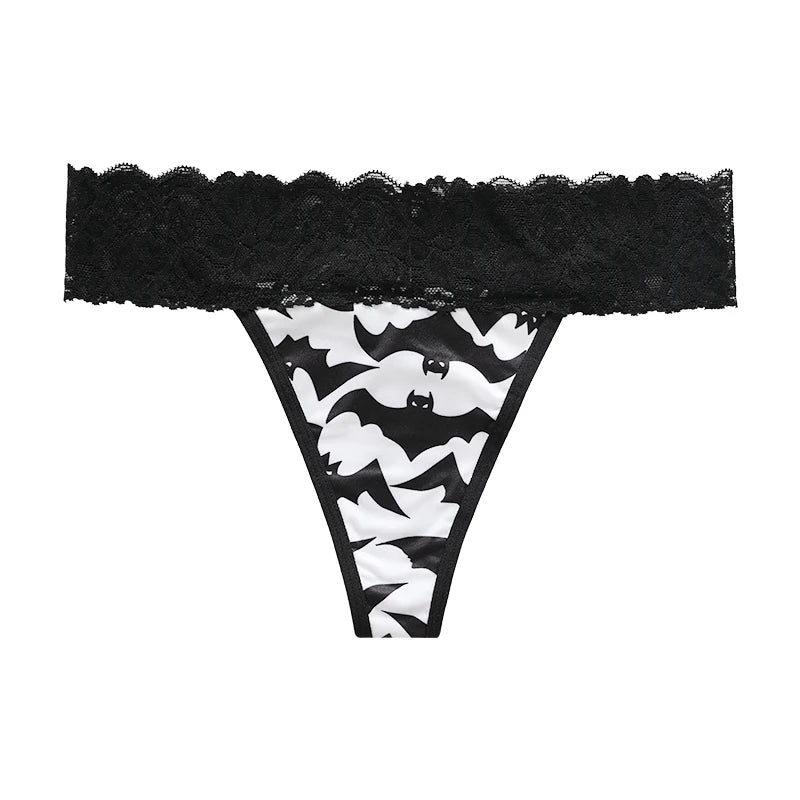 Halloween Lace Thong - Bat & Pumpkin Pattern Hip-Lifting Panties for Women