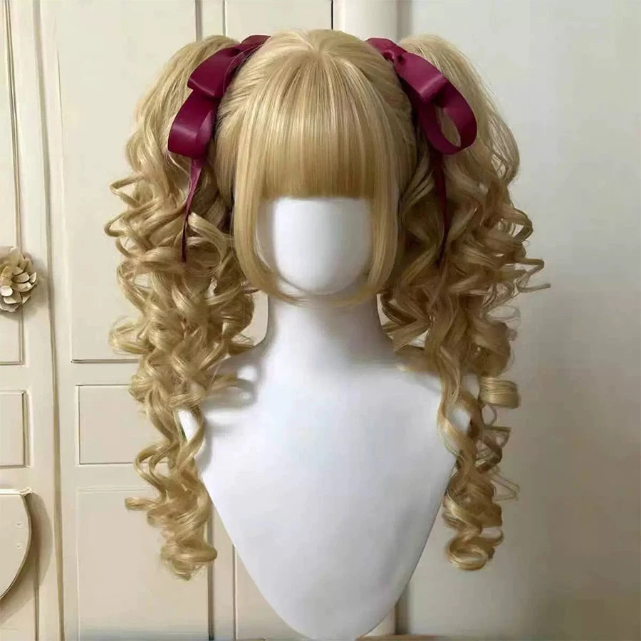 Roman Curly Synthetic Lolita Wig with Bangs - Golden Blonde Anime Cosplay Wig | Party Costume Hair