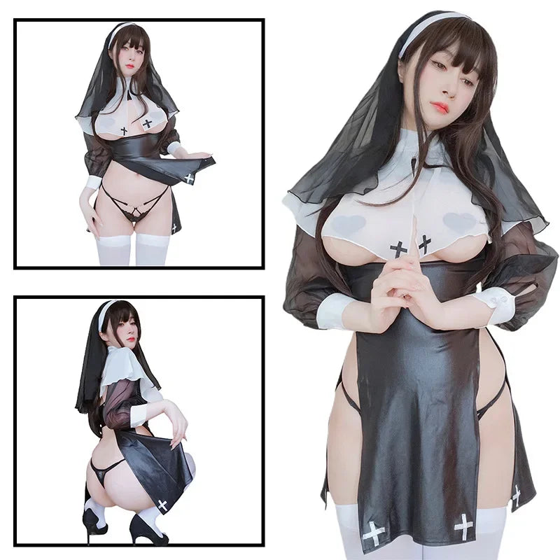 Sexy Halloween Nun Costume - Sheer Fantasy Lingerie Set with Hollow Details for Party Roleplay