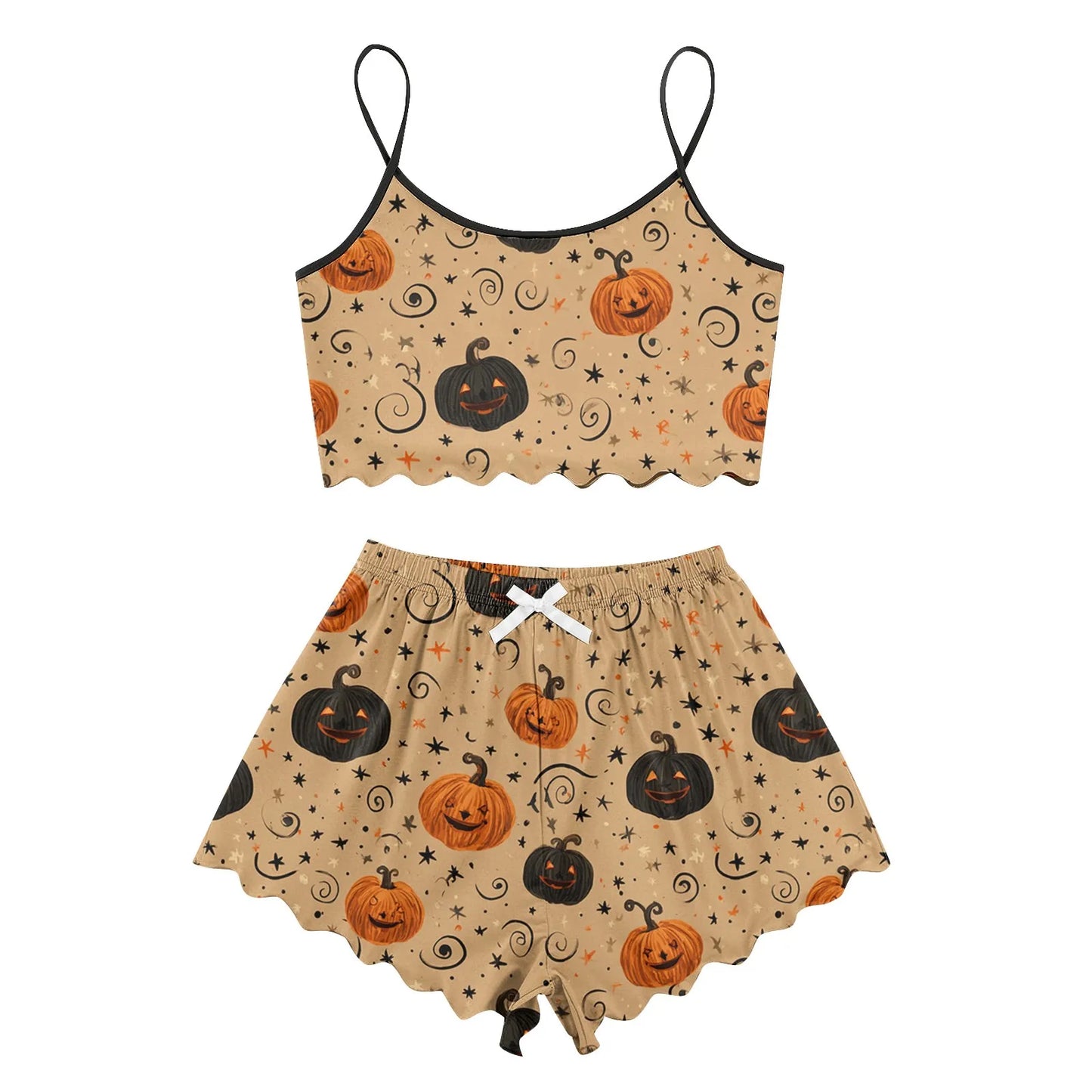 Women's Halloween Print Suspender Pajama Set - Sleeveless Shorts Loungewear