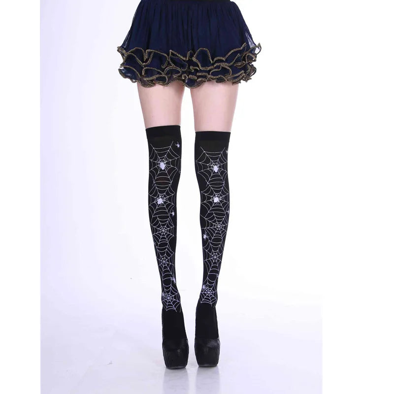 Halloween Skull Head Thigh High Socks - Gothic Bow Stockings for Women