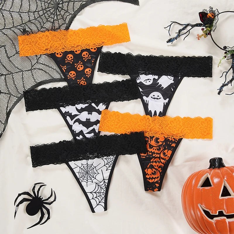 Halloween Lace Thong - Bat & Pumpkin Pattern Hip-Lifting Panties for Women