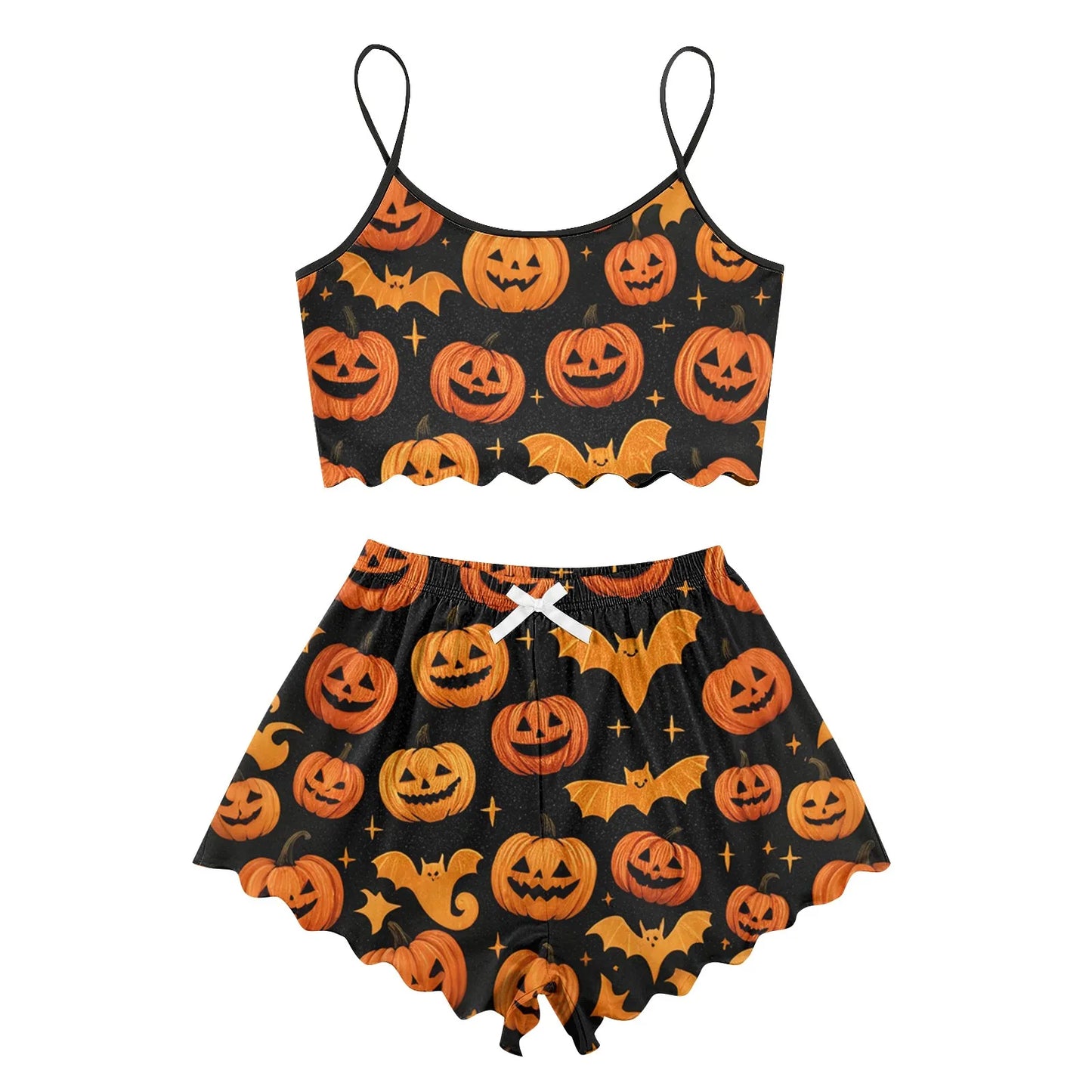 Women's Halloween Print Suspender Pajama Set - Sleeveless Shorts Loungewear