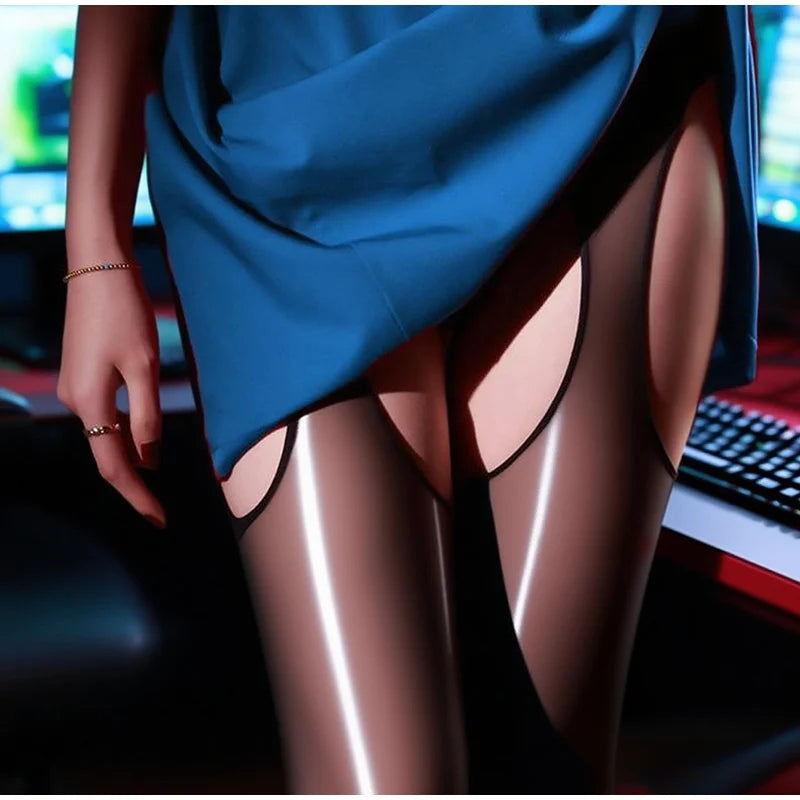 Sexy Glossy Tights - Horse Oil Stockings with Four-Sided Hollow Design | Ultra Sheer