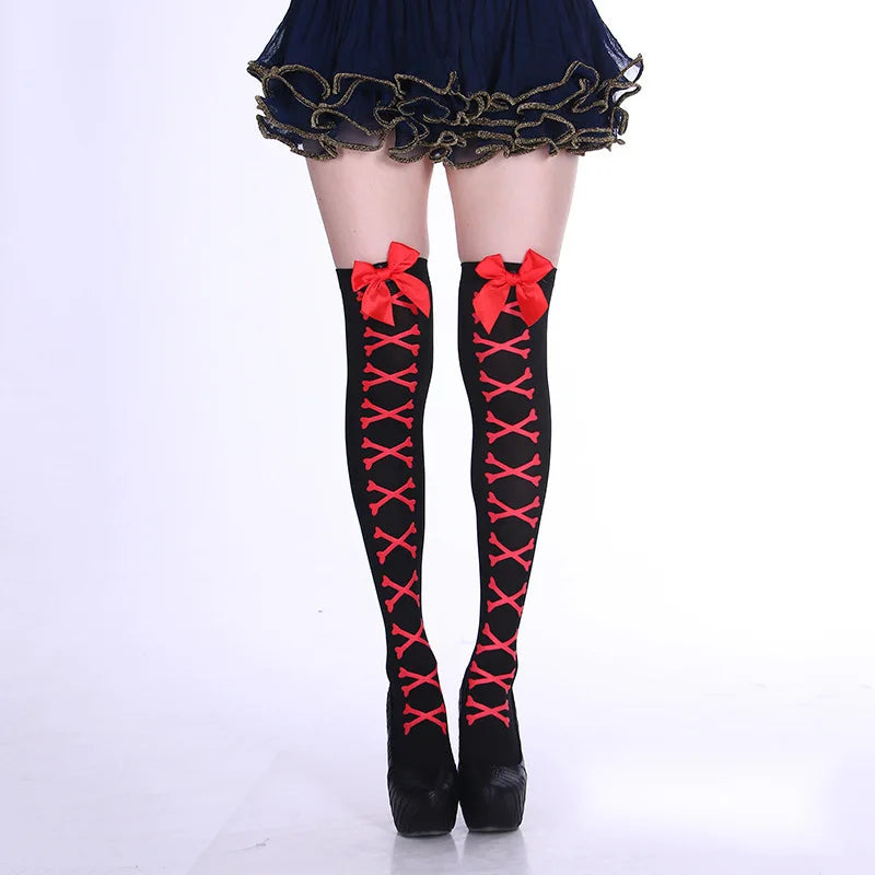 Halloween Skull Head Thigh High Socks - Gothic Bow Stockings for Women