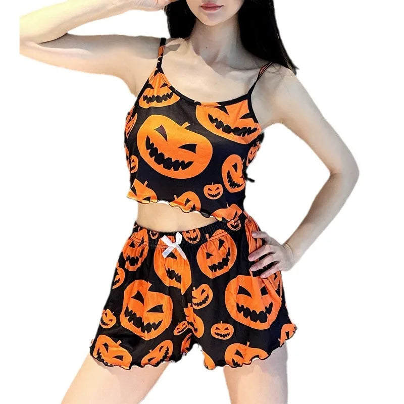Sexy Halloween Pumpkin Print Pajama Set - 2 Piece Sleeveless Loungewear