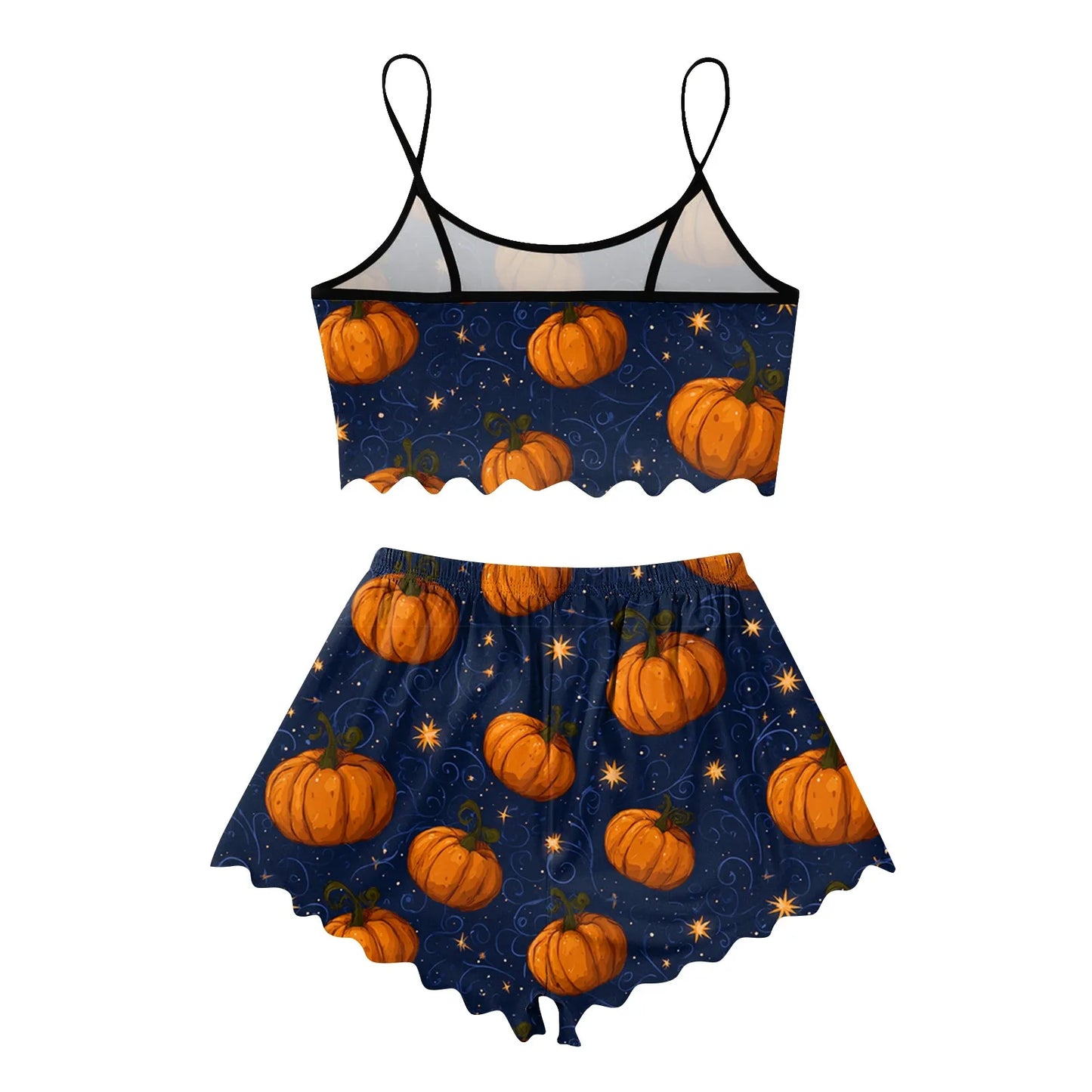 Women's Halloween Print Suspender Pajama Set - Sleeveless Shorts Loungewear