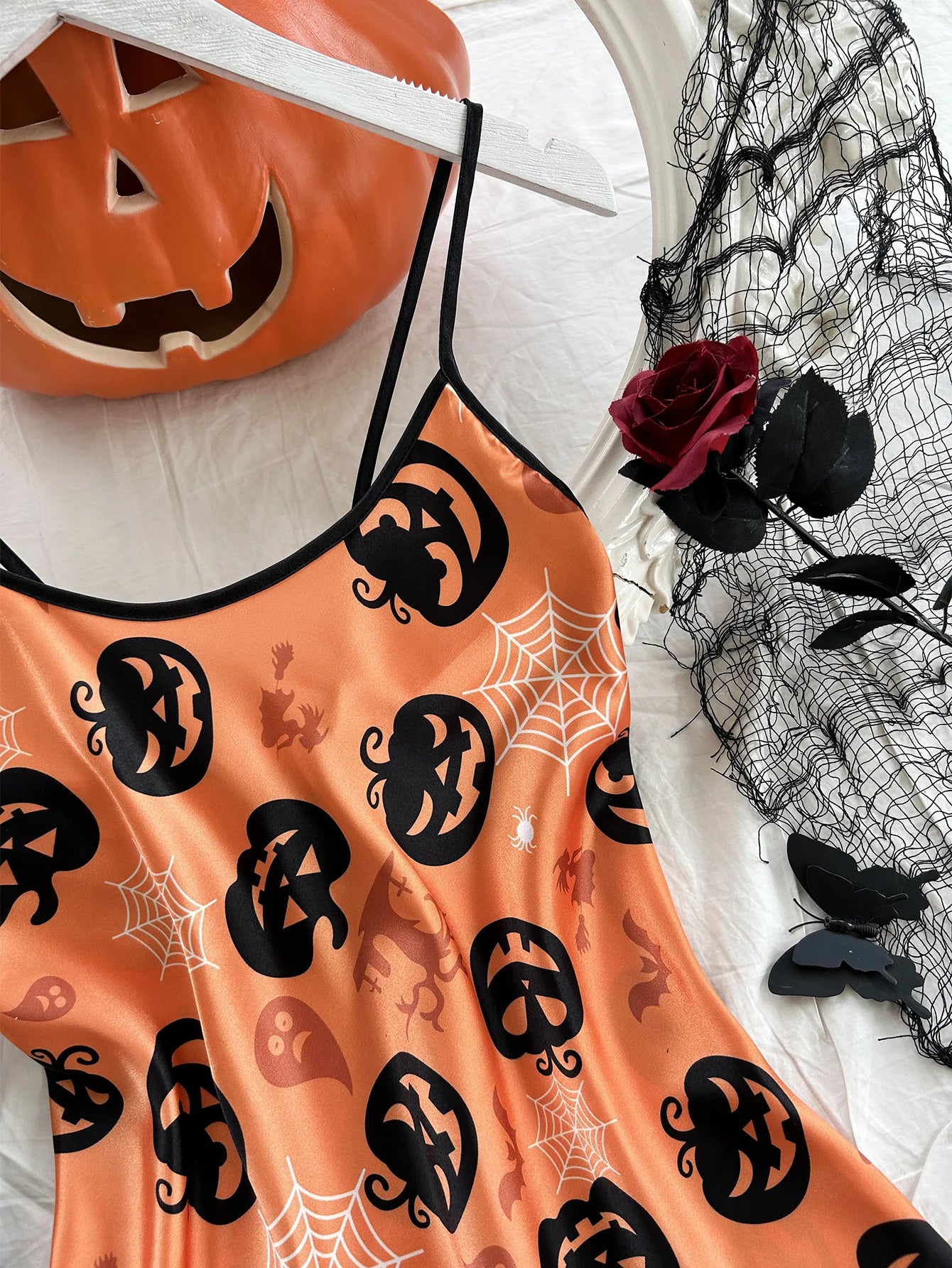 Halloween Halter Pajama Dress - Sexy Satin Sleepwear Nightgown for Women
