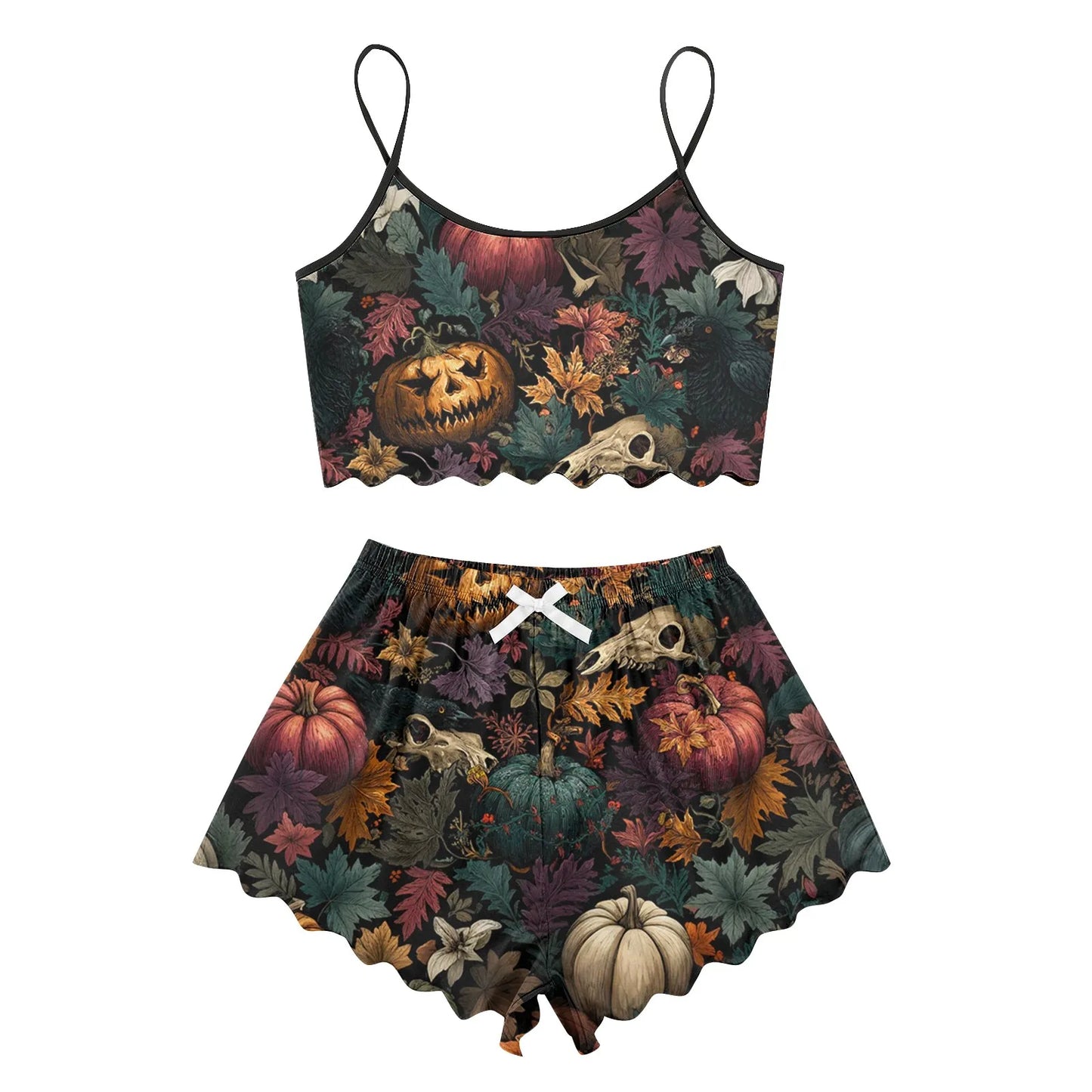 Women's Halloween Print Suspender Pajama Set - Sleeveless Shorts Loungewear