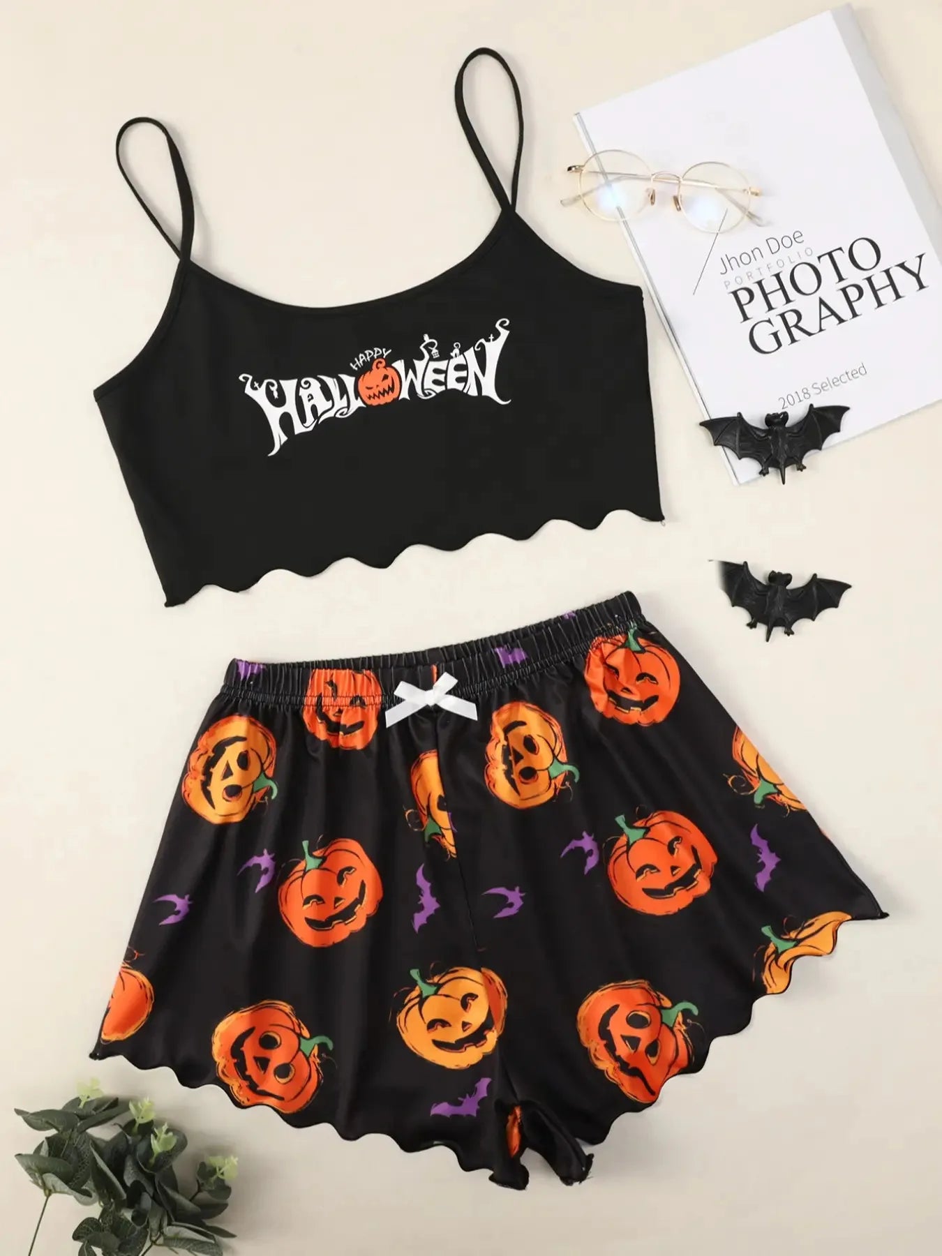 Women's Halloween Pumpkin Print Suspender Pajama Set - Sleeveless Top & Shorts Sleepwear