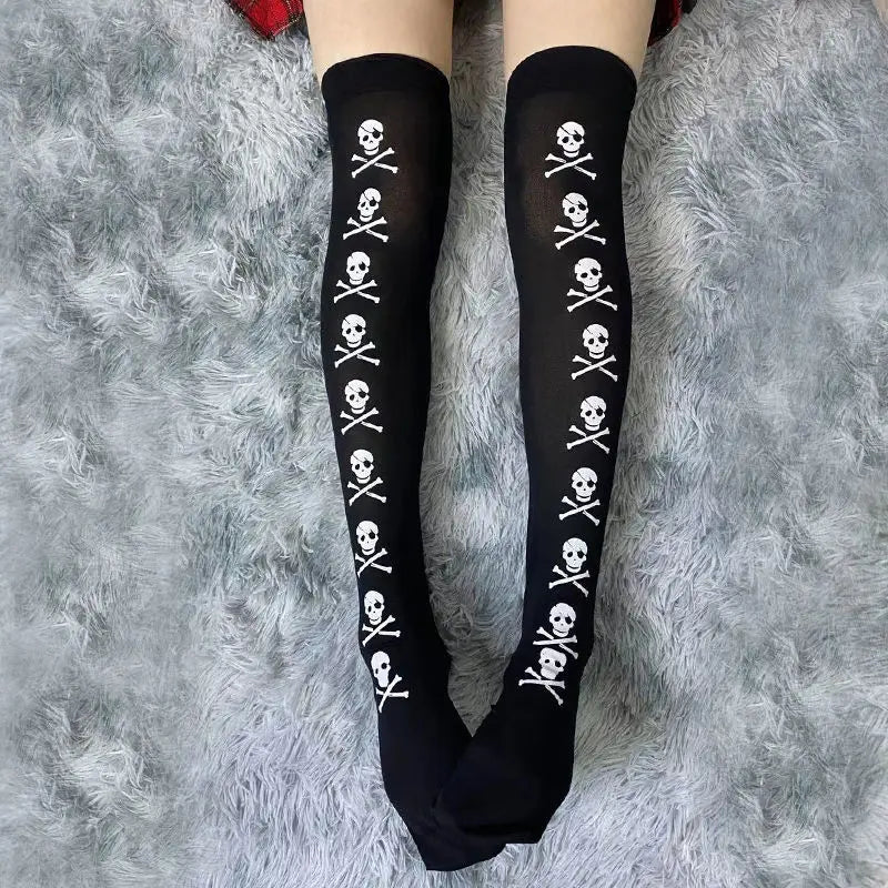 Halloween Skull Head Thigh High Socks - Gothic Bow Stockings for Women