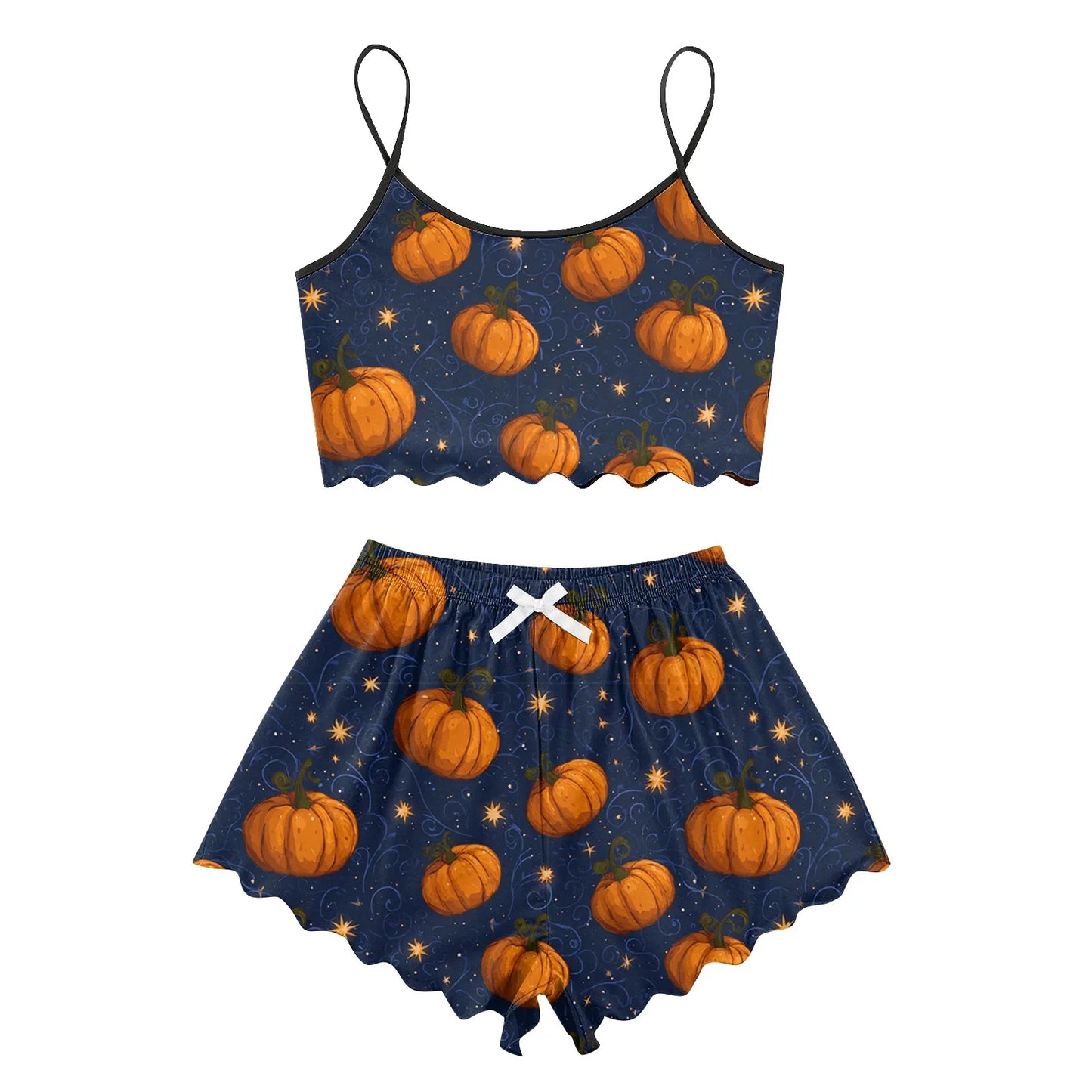 Women's Halloween Print Suspender Pajama Set - Sleeveless Shorts Loungewear