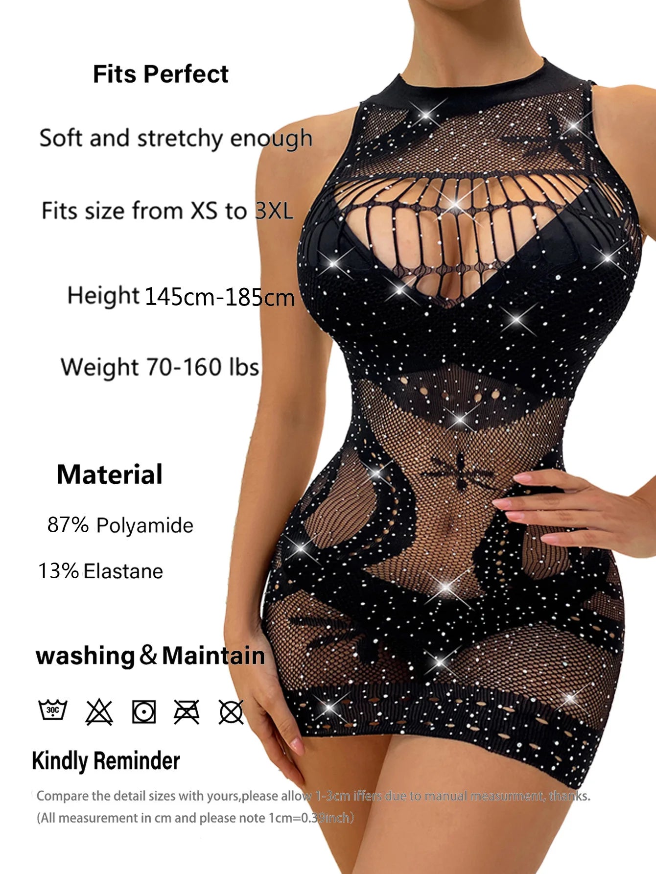 Sexy Sheer Mesh Bodysuit - Rhinestone Cut Out Jumpsuit with Long Sleeves | See-Through Shapewear
