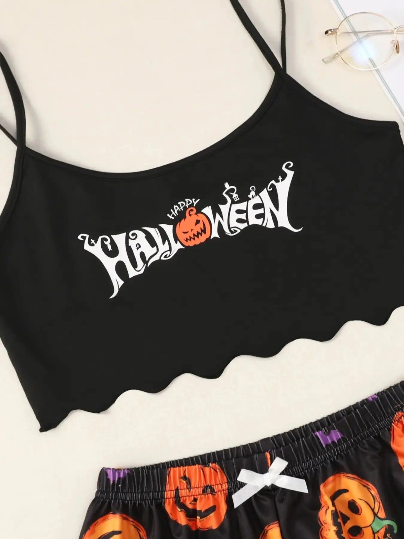 Women's Halloween Pumpkin Print Suspender Pajama Set - Sleeveless Top & Shorts Sleepwear