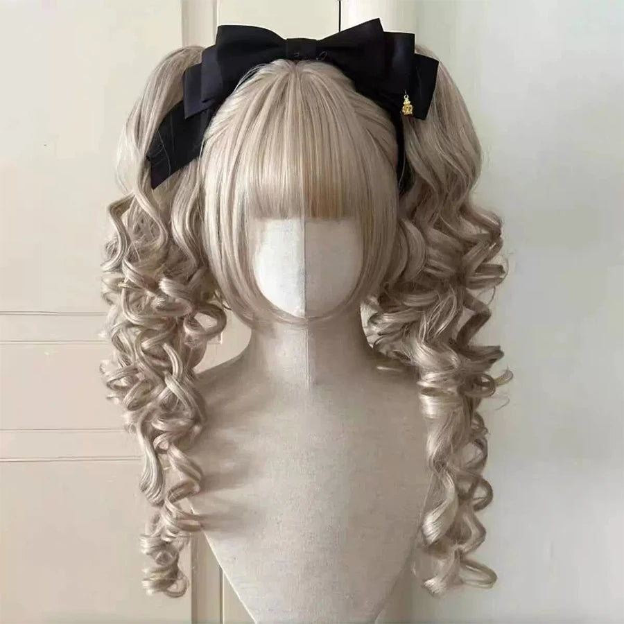 Roman Curly Synthetic Lolita Wig with Bangs - Golden Blonde Anime Cosplay Wig | Party Costume Hair