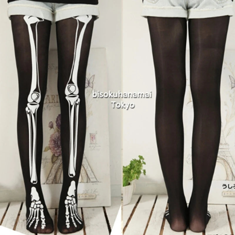 Halloween Skeleton Costume Footed Tights - Skull Print Pantyhose Leggings for Women
