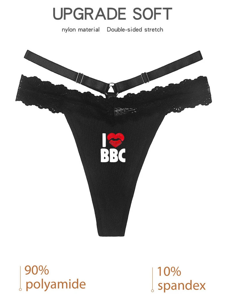 I LOVE BBC Sexy Lace Thong - Women's Traceless G-String | Black Lingerie Panties