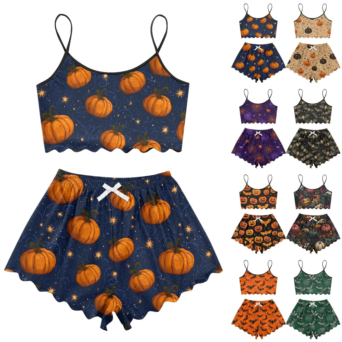 Women's Halloween Print Suspender Pajama Set - Sleeveless Shorts Loungewear