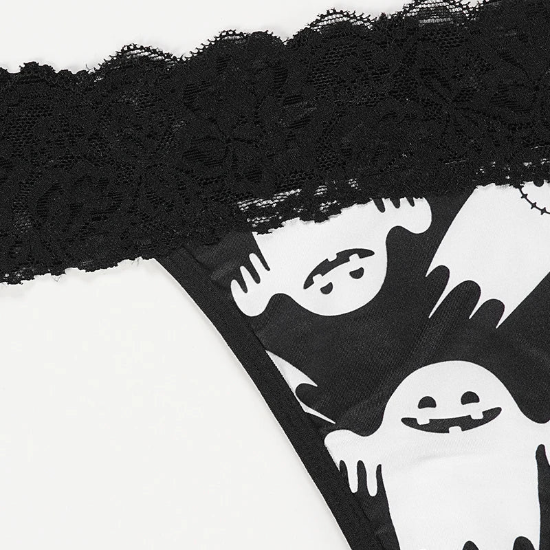 Halloween Lace Thong - Bat & Pumpkin Pattern Hip-Lifting Panties for Women