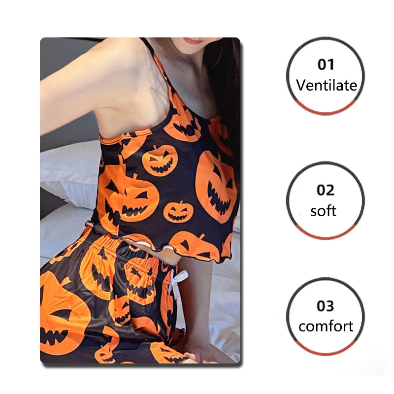 Sexy Halloween Pumpkin Print Pajama Set - 2 Piece Sleeveless Loungewear