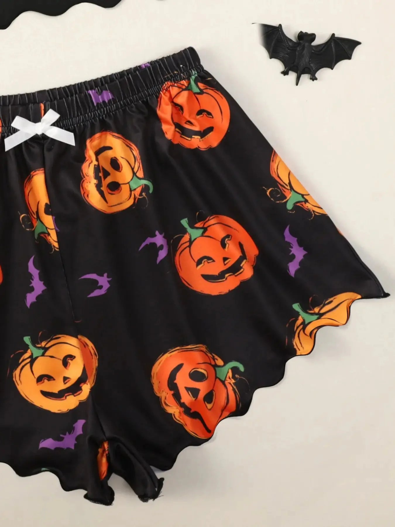 Women's Halloween Pumpkin Print Suspender Pajama Set - Sleeveless Top & Shorts Sleepwear