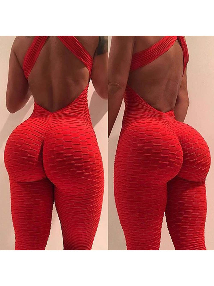 Women's Sleeveless Backless Sports Jumpsuit - Quick Dry Gym Bodysuit with Scrunch Leggings