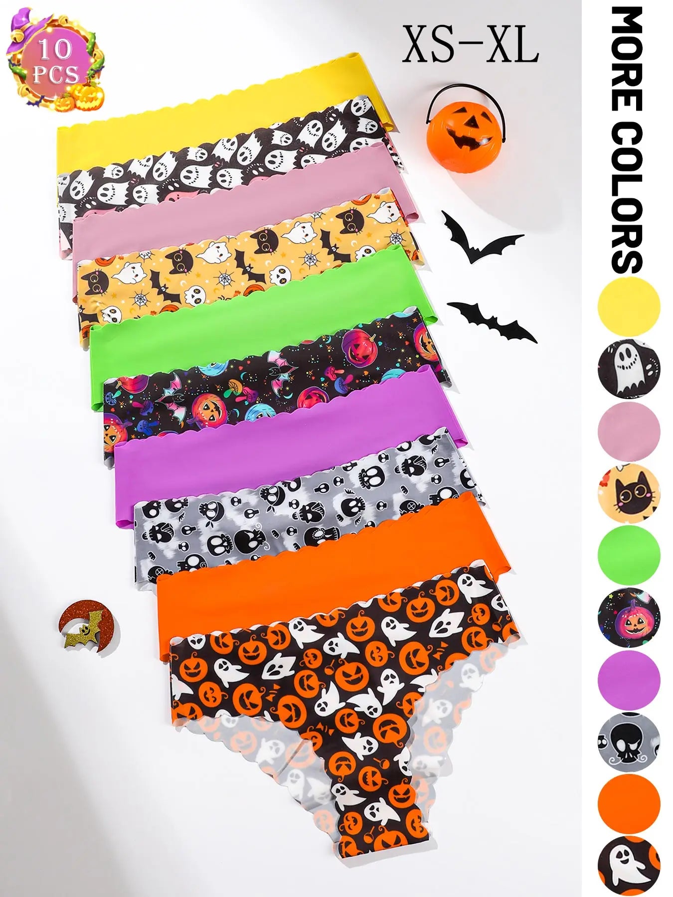 Women's Halloween Panties Set - 10 Piece Pumpkin & Skull Print Scalloped Edge Bikini Underwear