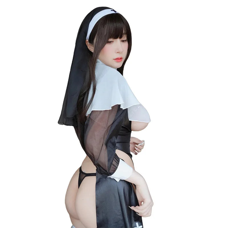 Sexy Halloween Nun Costume - Sheer Fantasy Lingerie Set with Hollow Details for Party Roleplay
