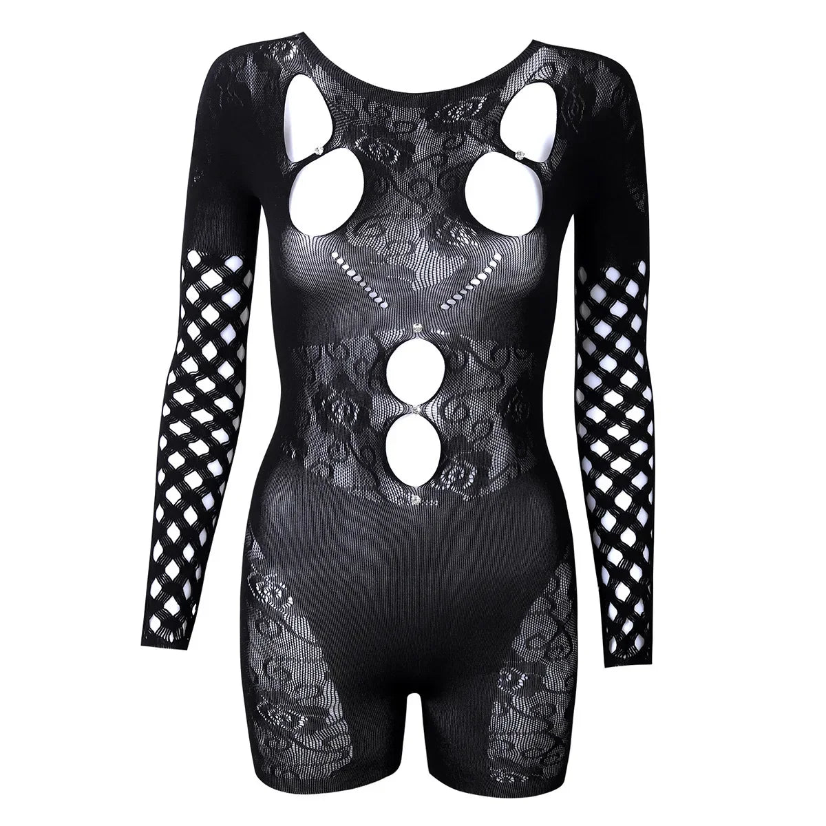 Sexy Sheer Mesh Bodysuit - Rhinestone Cut Out Jumpsuit with Long Sleeves | See-Through Shapewear