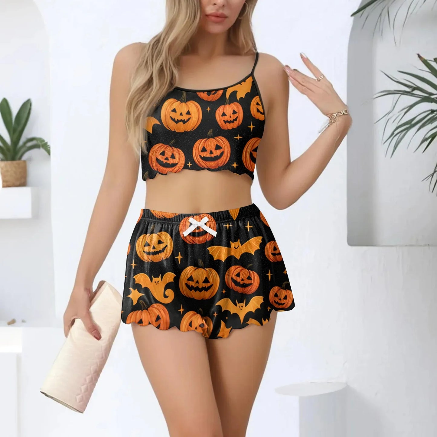 Women's Halloween Print Suspender Pajama Set - Sleeveless Shorts Loungewear