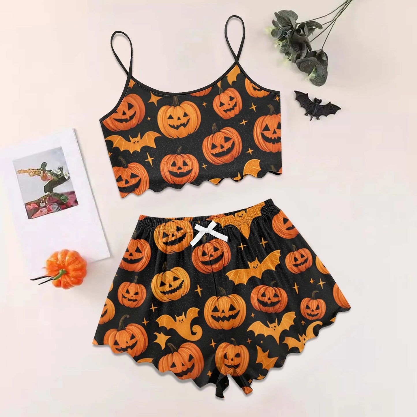 Women's Halloween Print Suspender Pajama Set - Sleeveless Shorts Loungewear